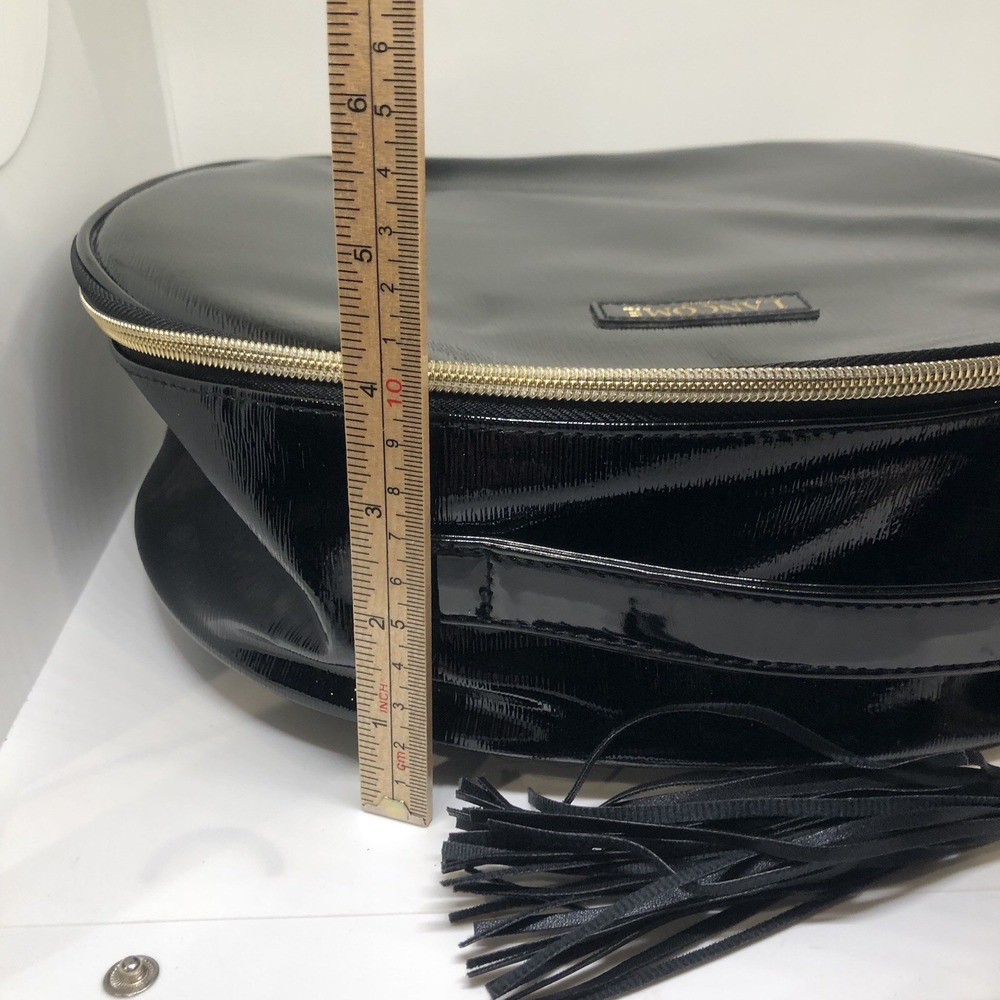 Lancome Large Shiny Black Oval Train Case Cosmetic Bag Gold Zipper Tassel Handle - Picture 9 of 12